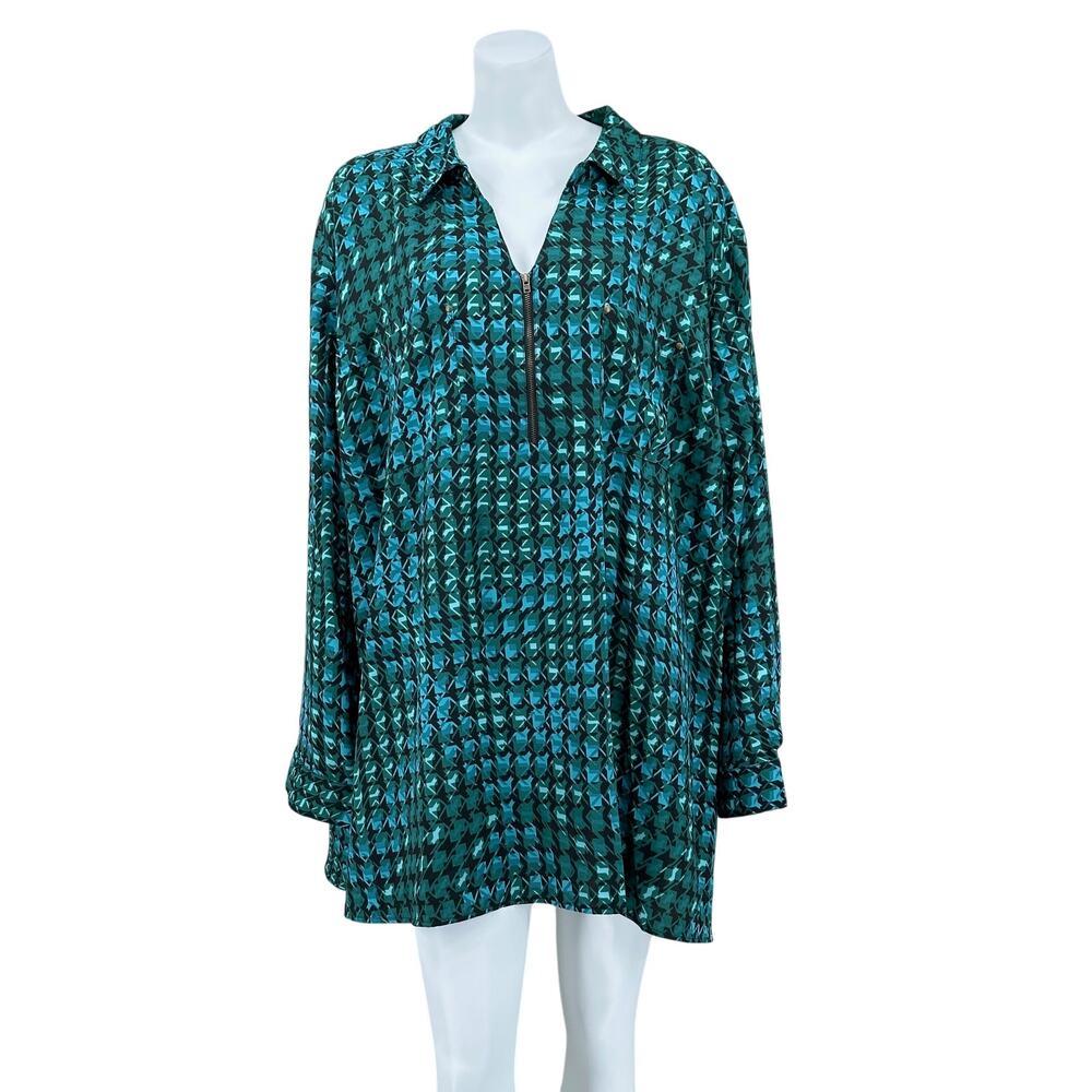 Catherines Top Womens Plus 4X Green Geometric 1/4 Zip Pullover Sheer Office Work